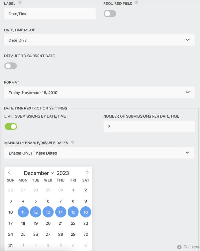 date time picker field settings