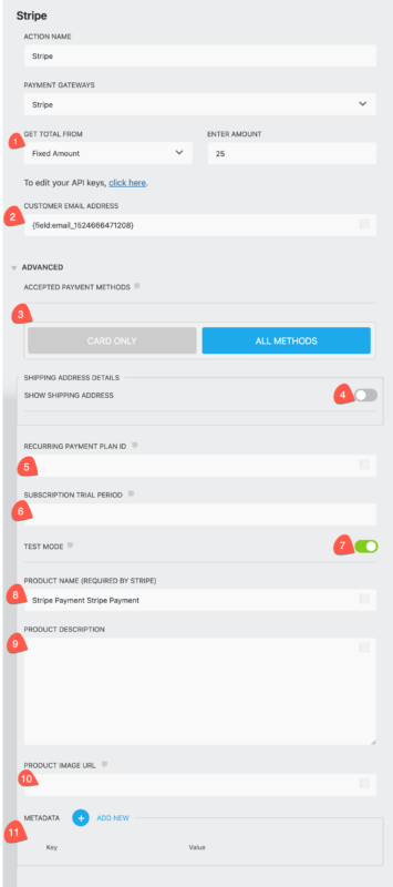 Ninja Forms Stripe add-on Stripe action settings