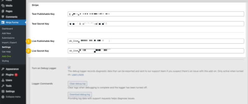 Stripe API credentials in Ninja Forms