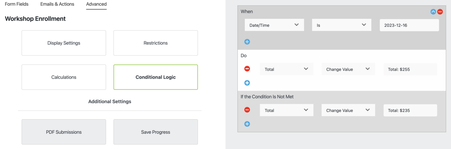 date time field with conditional logic functionality