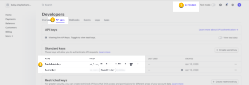 Stripe account dashboard