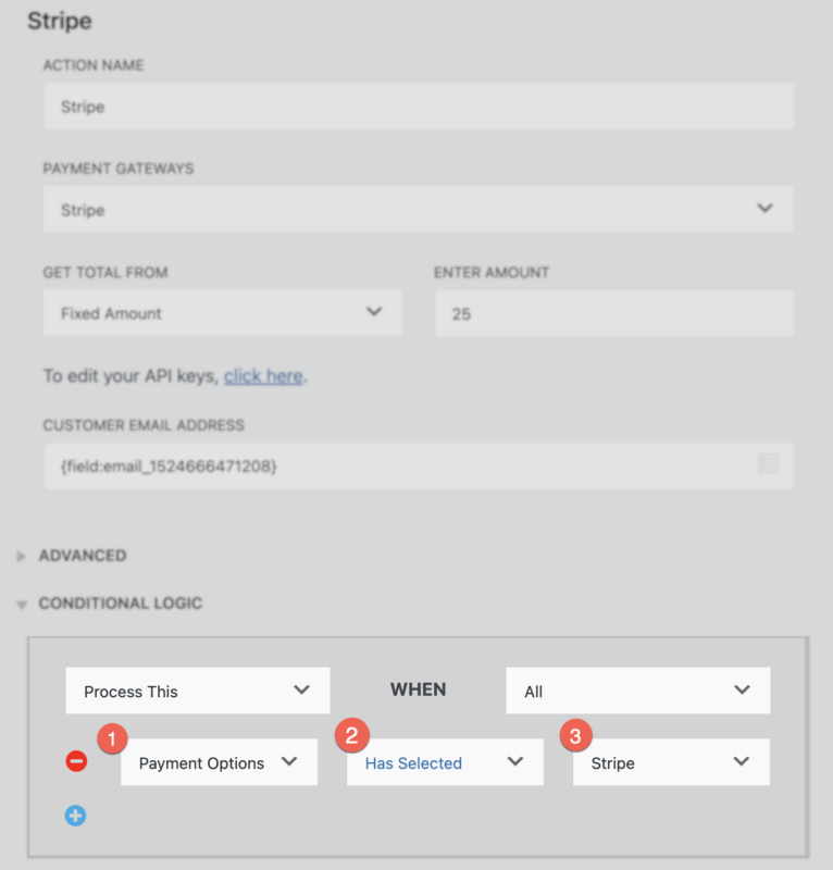 Conditional Logic dropdown in the Stripe action