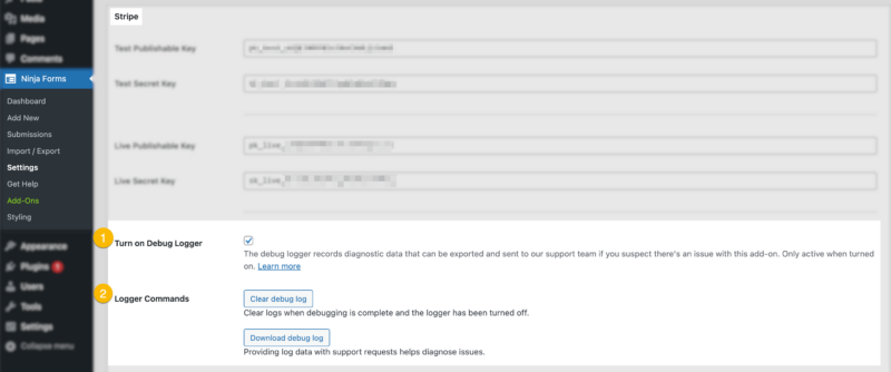 Stripe debugging settings