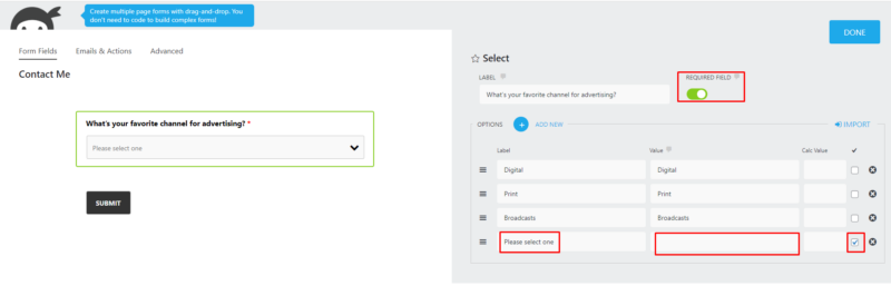 Settings for a default placeholder that is different from the list options
