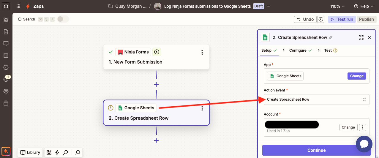 Zapier workflow editor with a Ninja Forms new submission trigger and a connected action step
