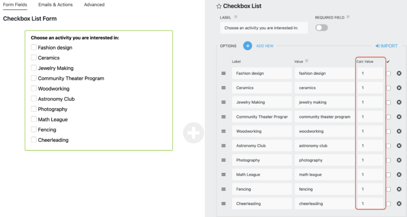 checkbox list calculation value