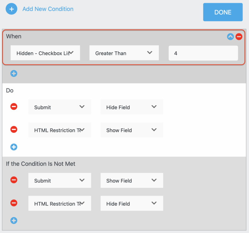 restrict number of selected checkboxes with conditional logic