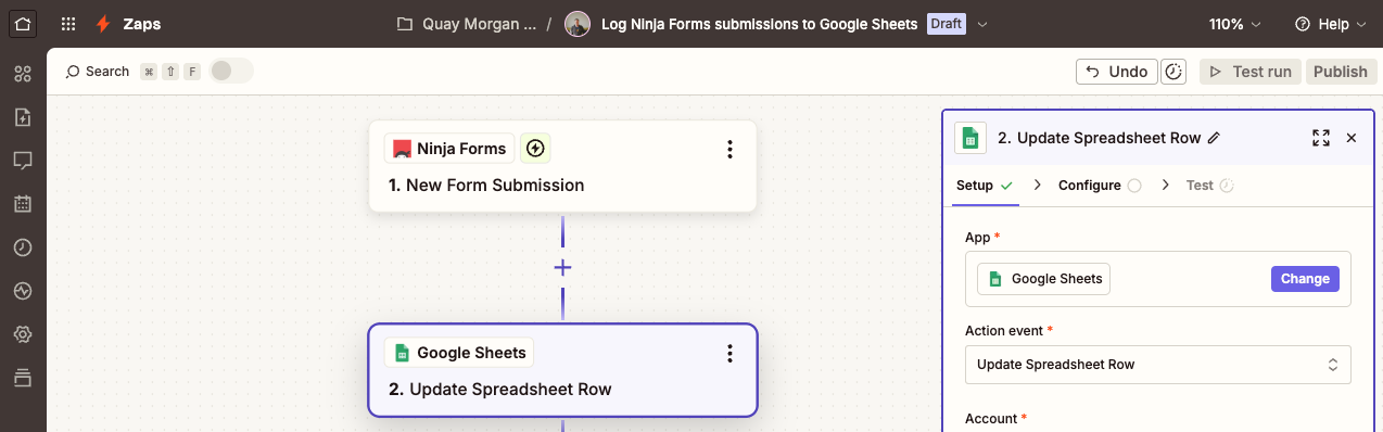 image of zapier's zap creation ui with ninja forms connecting to google sheets