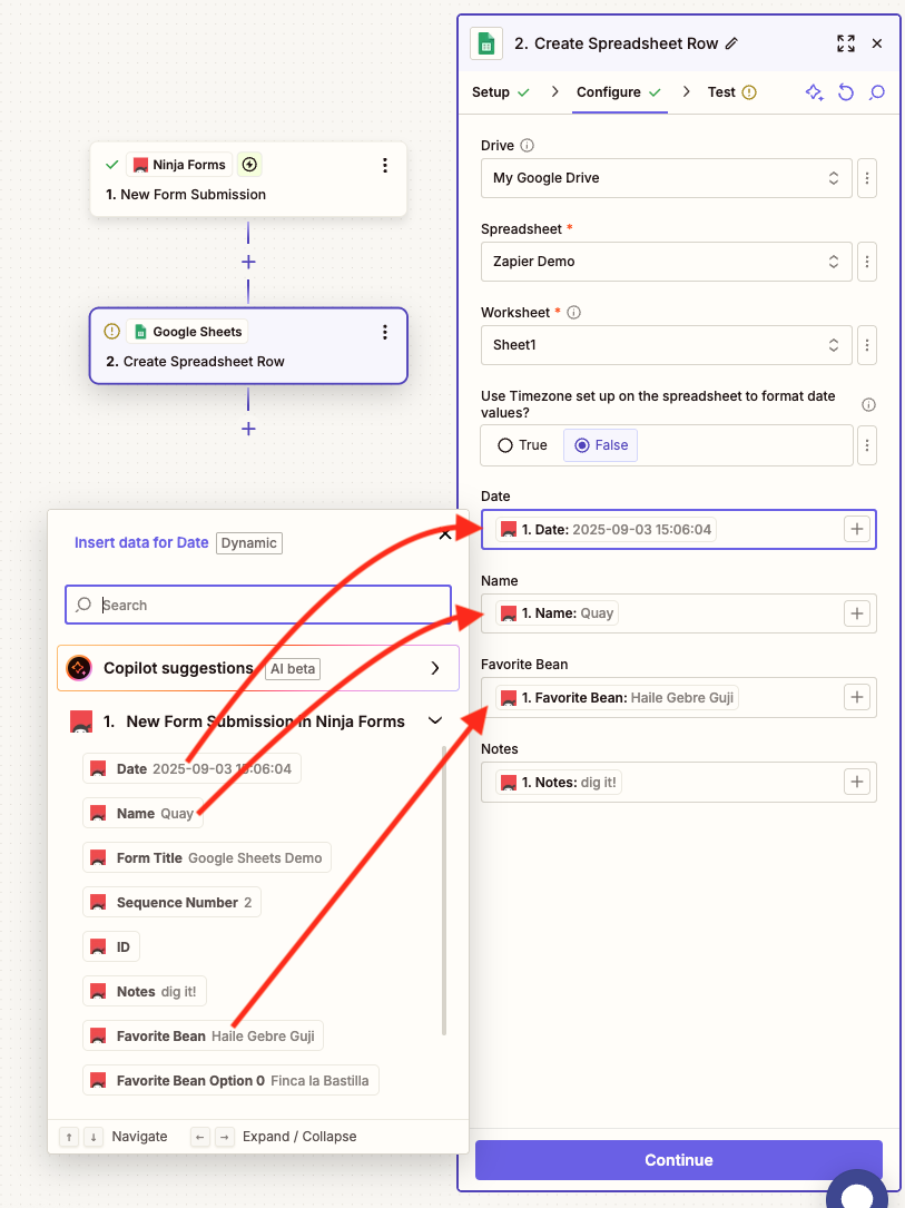 Zapier field mapping interface showing Ninja Forms form fields mapped to destination app fields