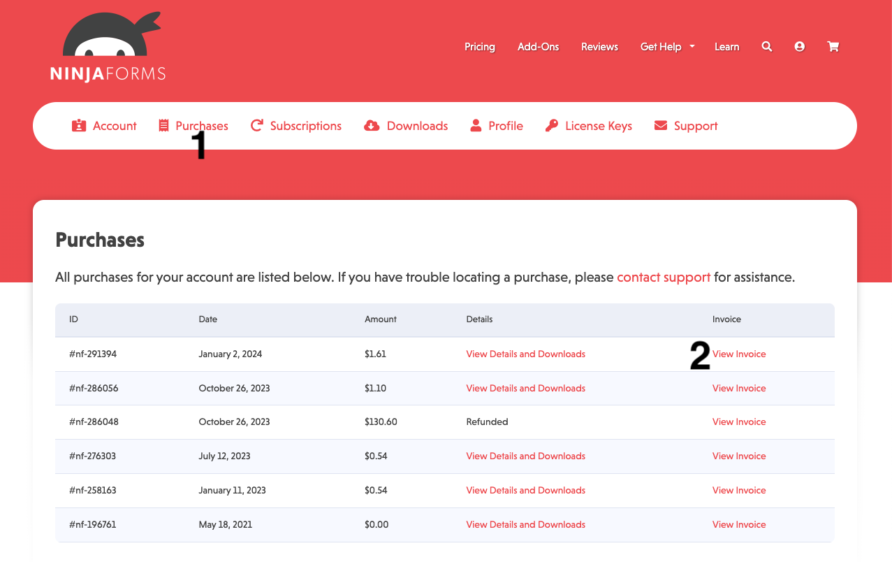 image of the ninjaforms.com account page with highlighted 1. the Purchases tab located at the top of the accounts page and 2. the View Invoice link that's embedded next to each purchase in the account's purchase history.