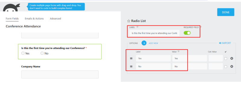 Radio List Field Setings