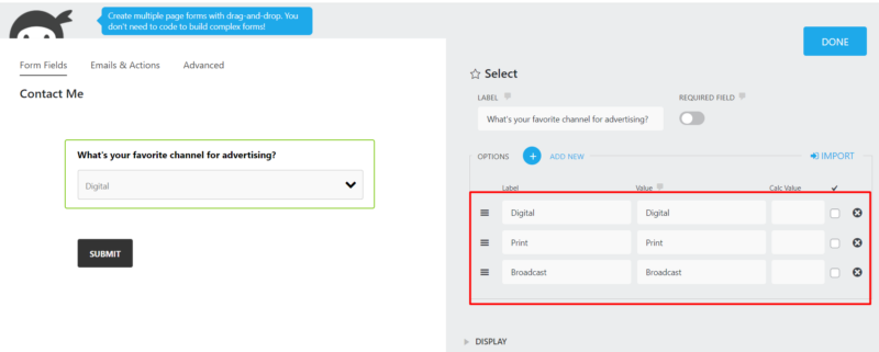 Select field without a Default Placeholder settings