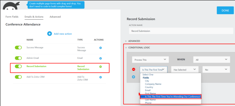 Conditional logic for record submission form action