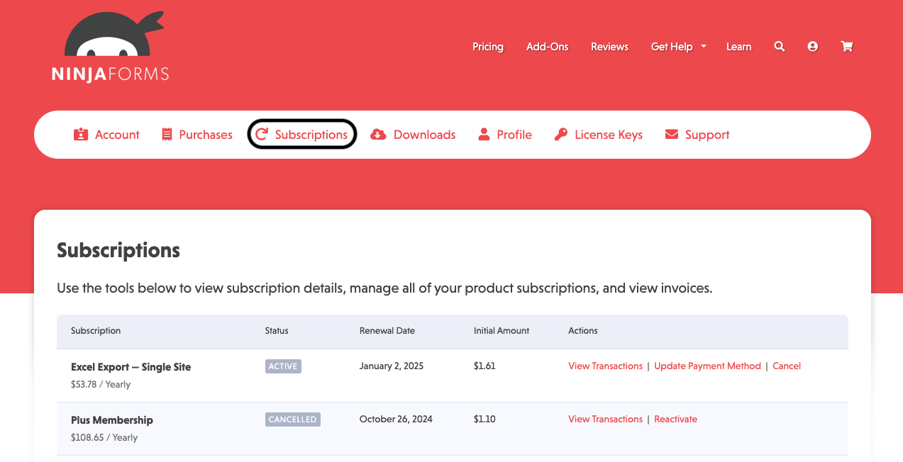 image of the NinjaForms.com account page Subscriptions tab