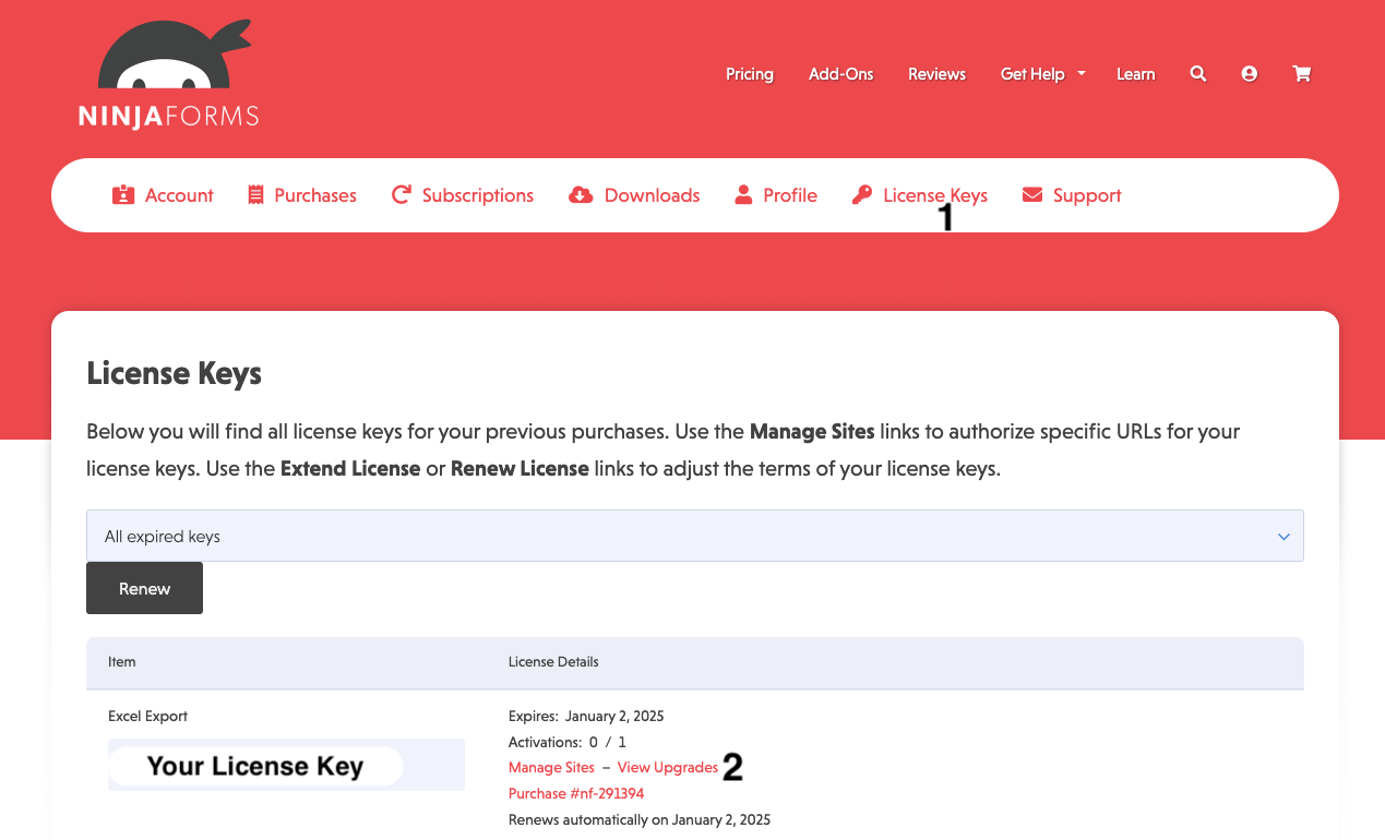image of the ninjaforms.com account page with highlighted the 1. License Keys tab at the top of the page and 2. the View Upgrades link next to a license