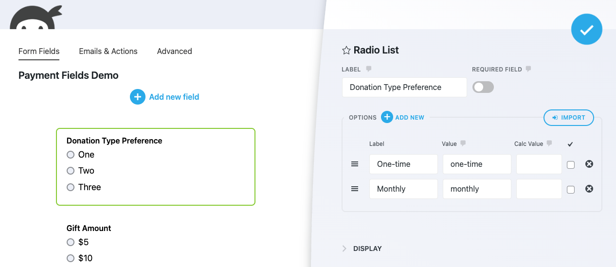 image of donation type preference field with one-time and monthly list options 