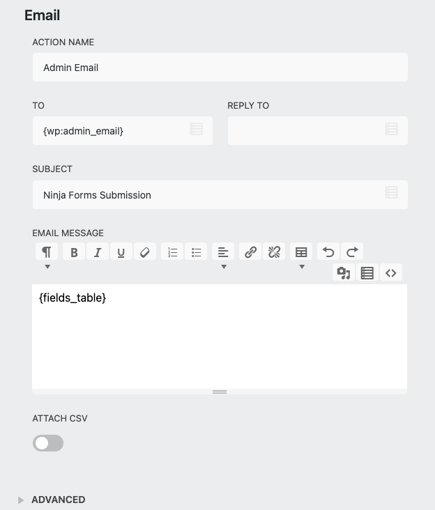 image of the basic settings for an email action including To, Reply To, Subject, and Email Message settings