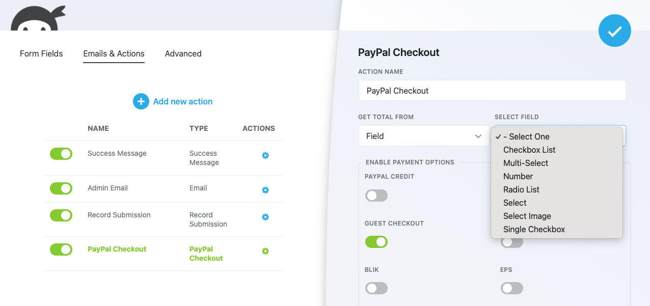 image of paypal action settings window with different payment field options available for selection