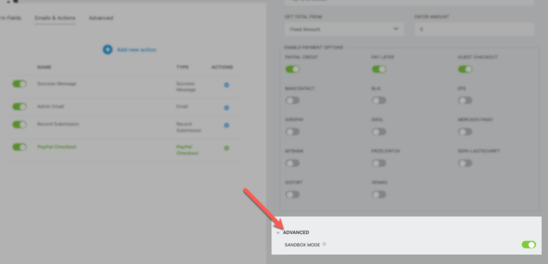 PayPal Sandbox Mode found under the Advanced dropdown in the PayPal Checkout action