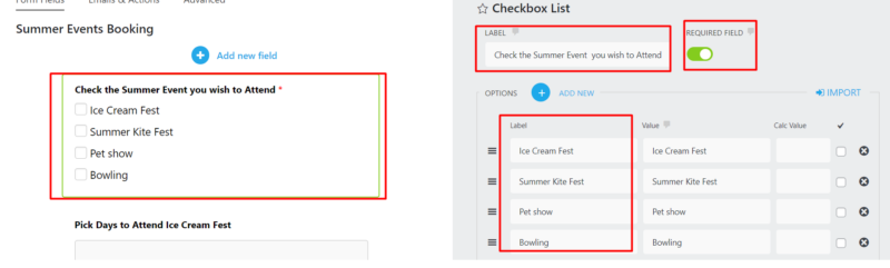 Checkbox List field that allows for selection of 4 events