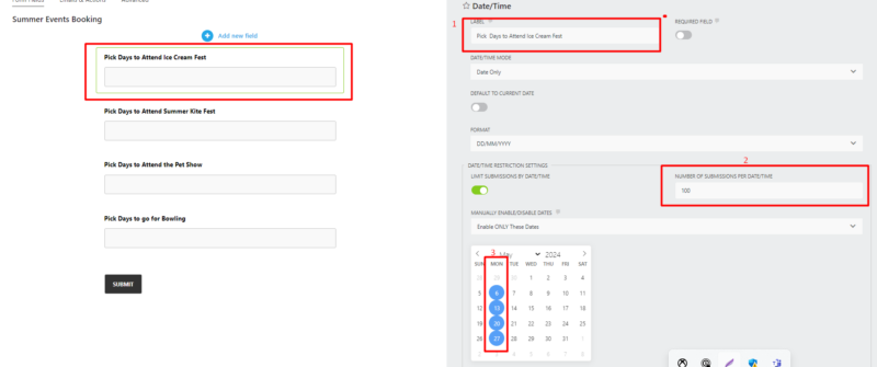 Set the Date fields that allow forms users to choose dates to attend the events