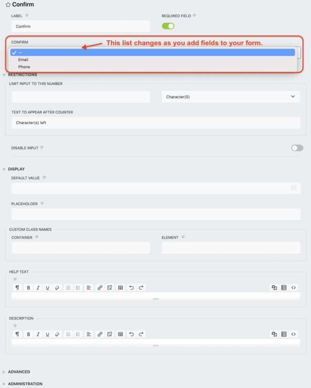 confirm field settings