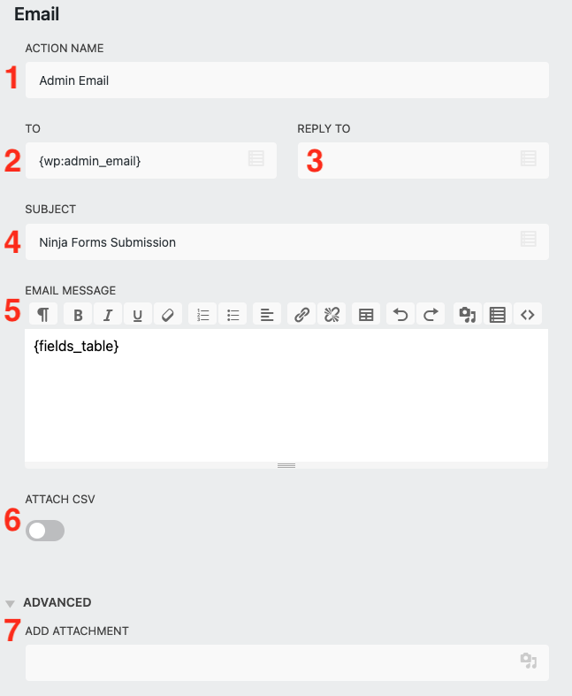 image of an email action's settings window with each setting option numbered 1-7