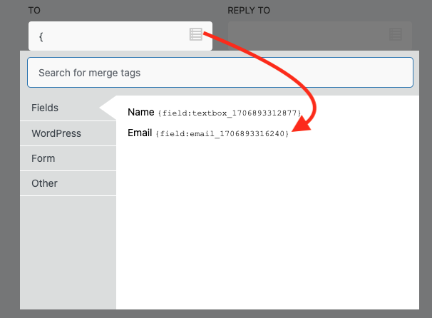 image of the merge tag popup with the form's email field highlighted