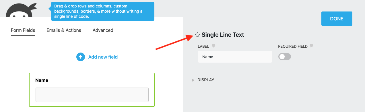 image of a single line text field's field settings, with the star icon highlighted next to the field type name at the top of the window.