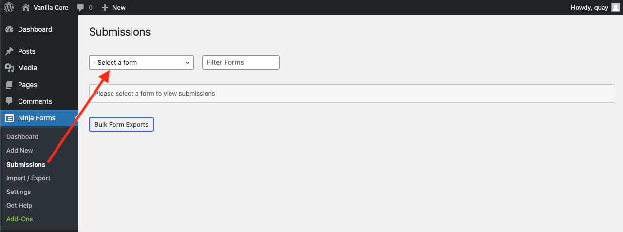 image of the Ninja Forms Submissions page with the Select a Form field highlighted in the upper left of the page. 