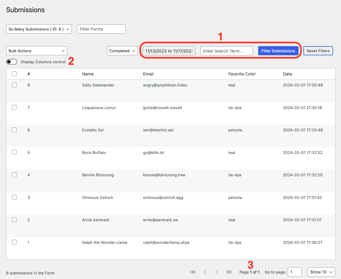 image of the submission page with a single form's submissions displayed. Highlighted are the features for filtering by date or term, filtering by field, and moving from page to page