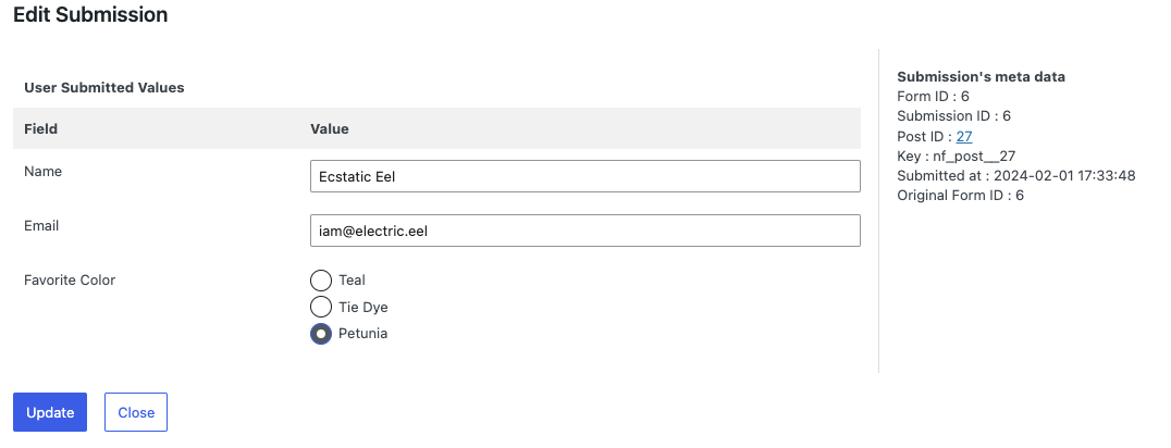 image of an individual submission's edit screen. Each field is present with the value that user submitted for those fields. Each value can be change, and an update button is located below it to save those edits. 