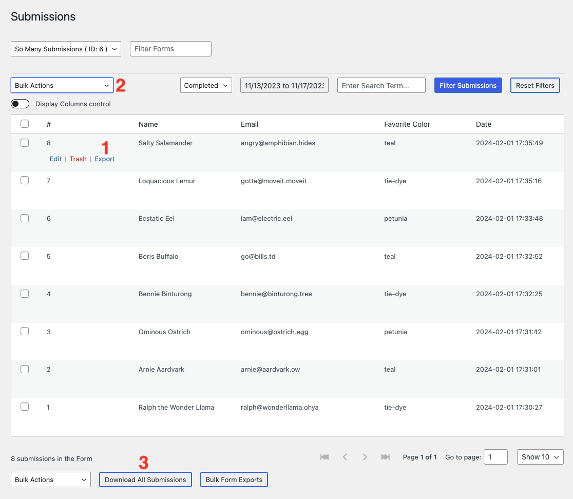 image of the submissions page with export options highlighted: 1. single submission export 2. select submission export and 3. all submission export