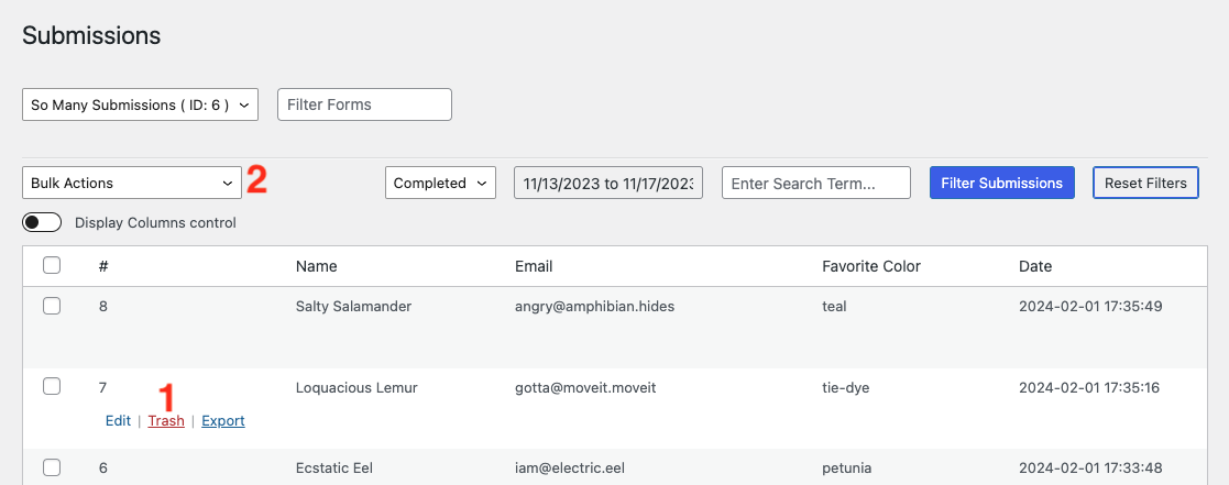image of the submissions page with options to 1. delete a single submission and 2. delete select submissions