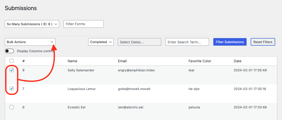 image of the submissions page with two submissions selected by checkbox with an arrow pointing to the Bulk Actions dropdown