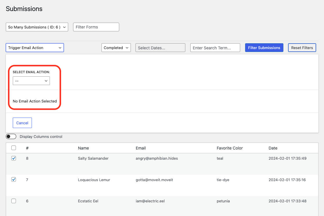 image of the submissions page with the option to select the email action you want to refire highlighted