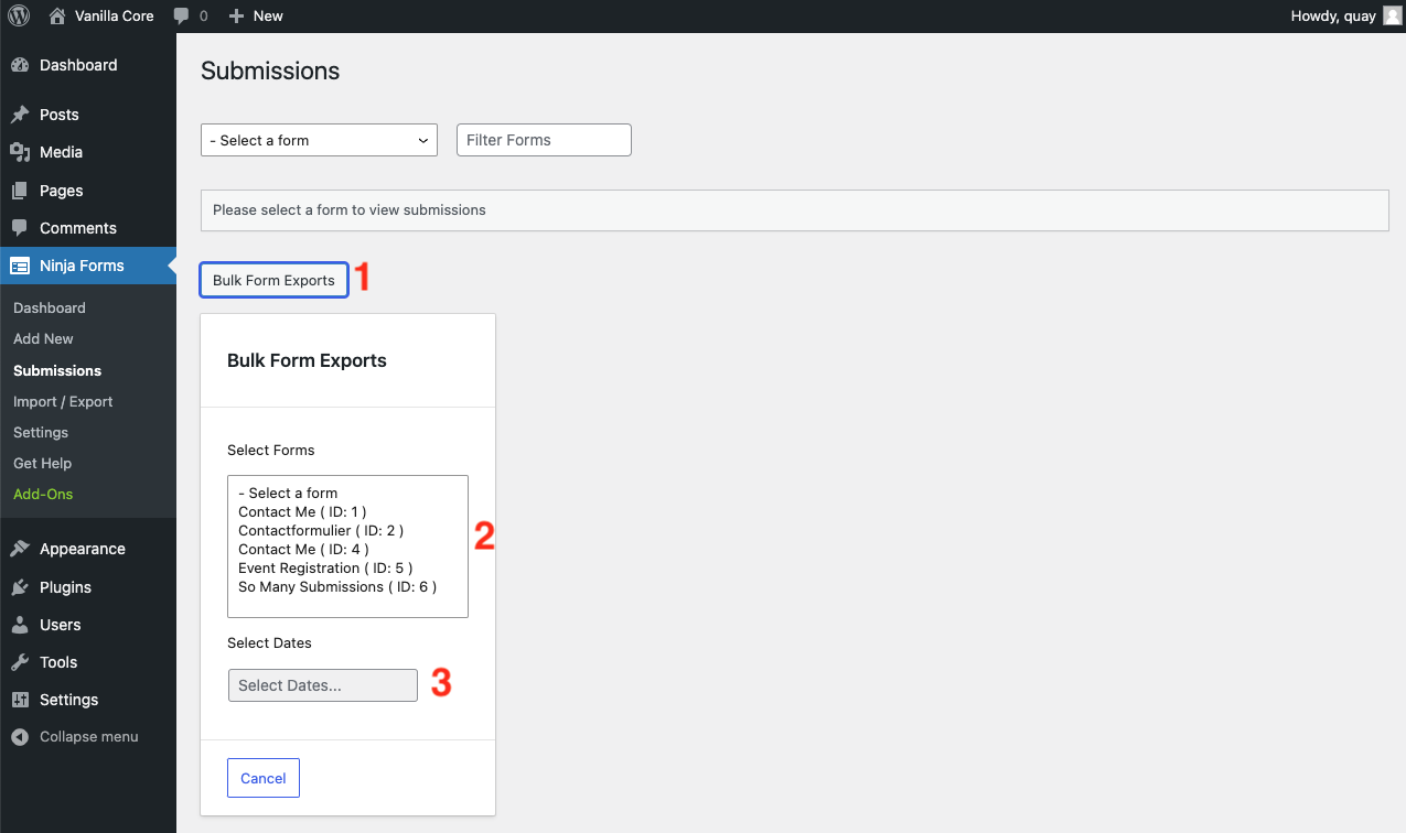image of the submissions page with no form selected, but the bulk form exports options displayed.