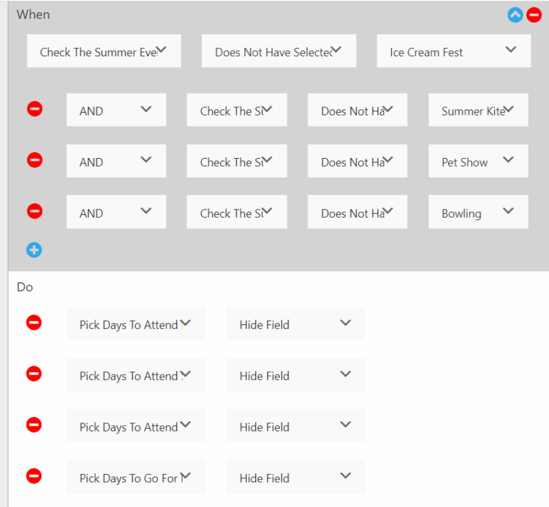 Conditional Logic to hide all the Date fields when no event is checked.