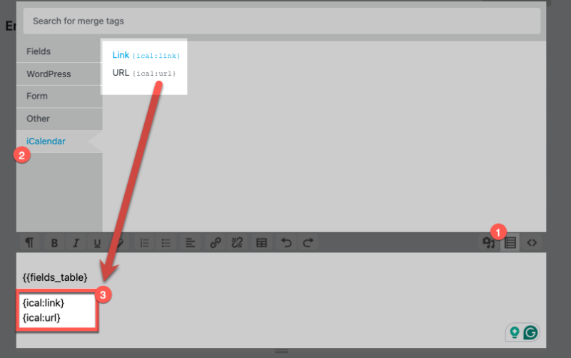 iCalendar Merge tag settings.