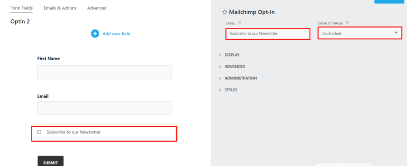 Ninja Forms Mailchimp-optin field settings