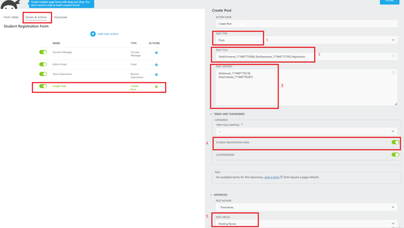 Create post Email action settings