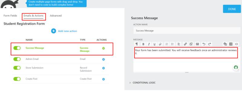 Customize Success message email action text