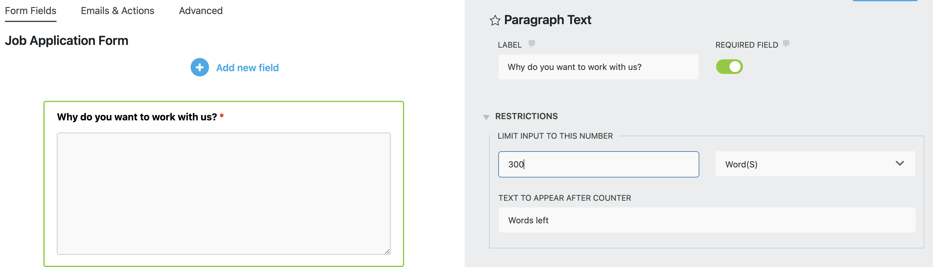 limit words in wordpress form field