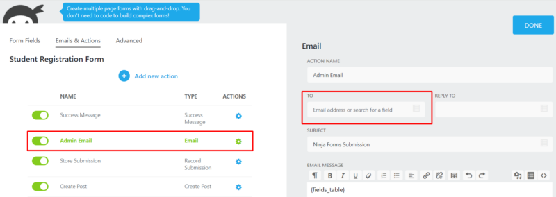 Admin Email action settings