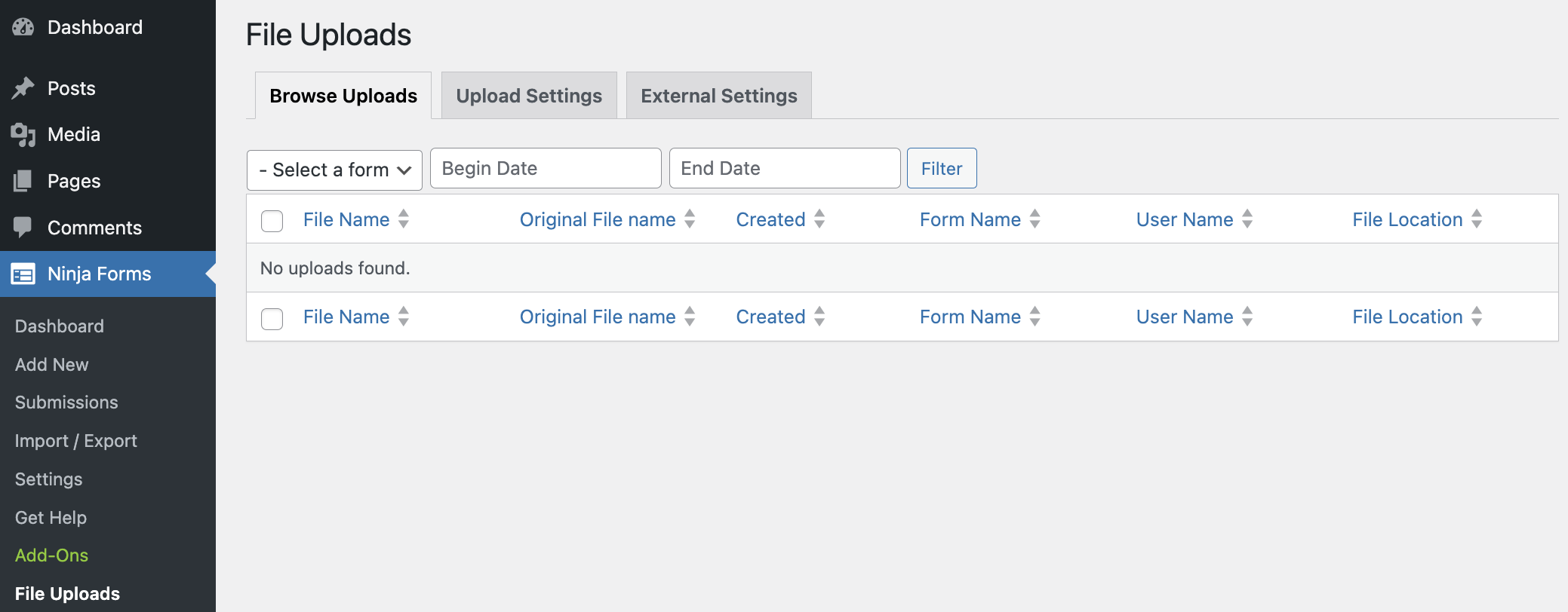 file uploads settings