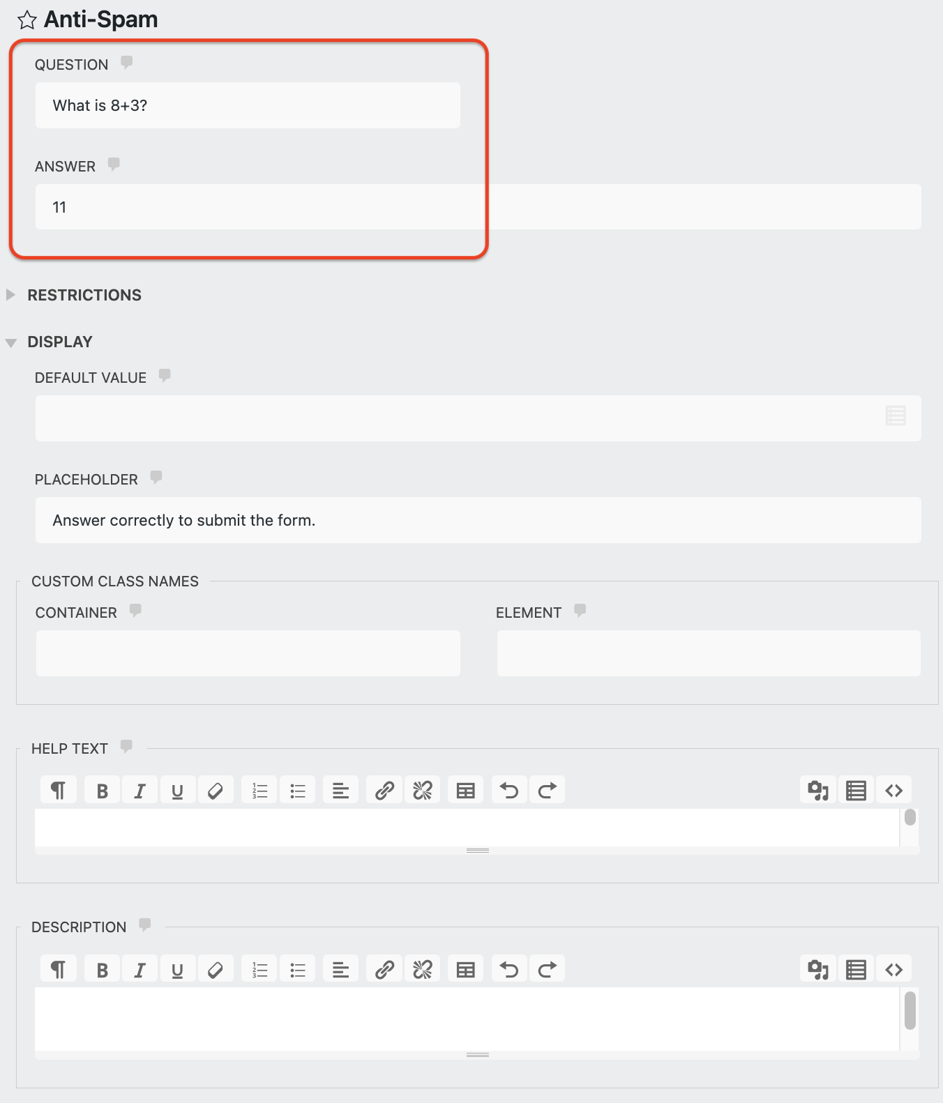 anti spam field - question:answer