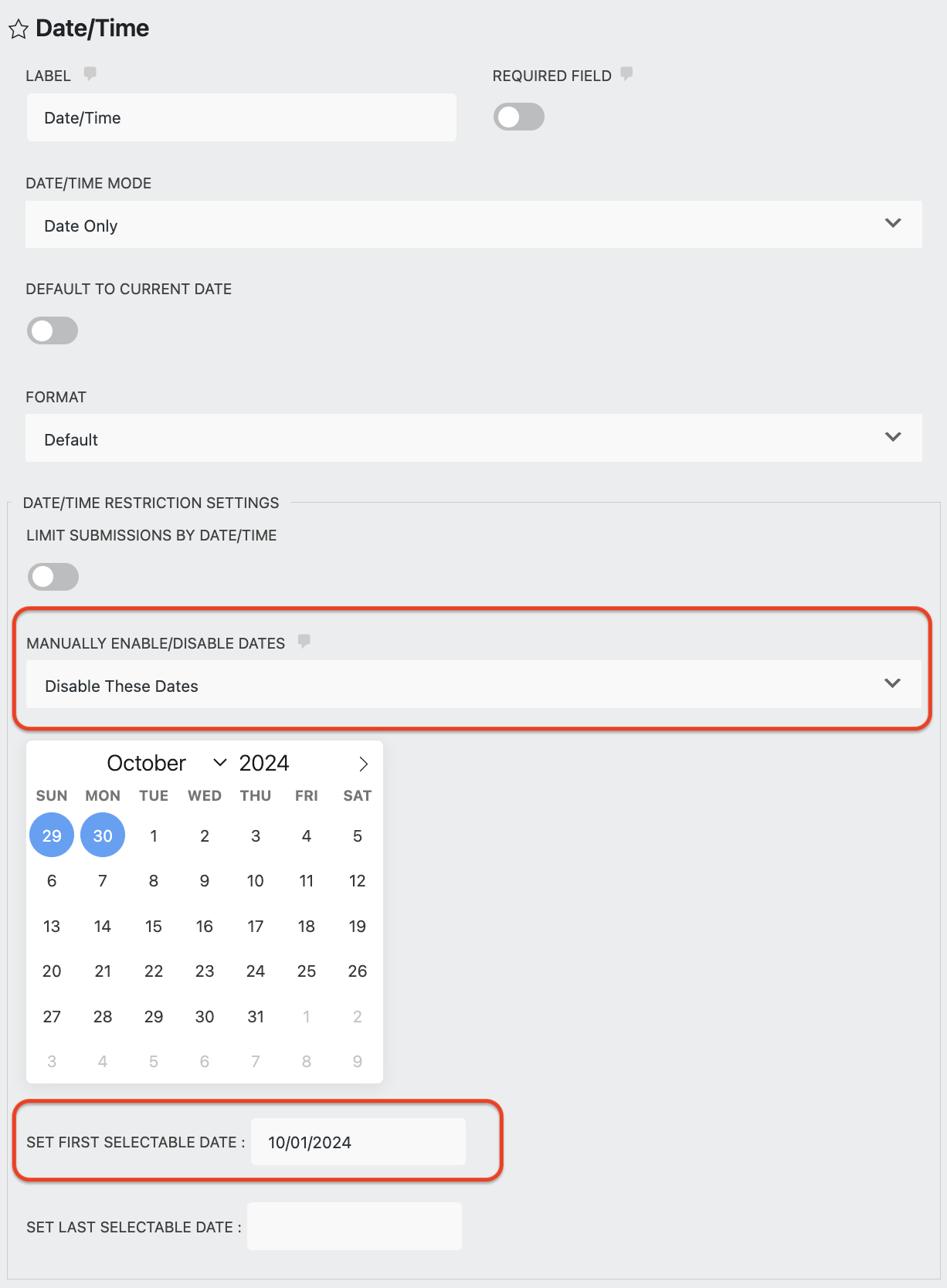 block past dates in booking form