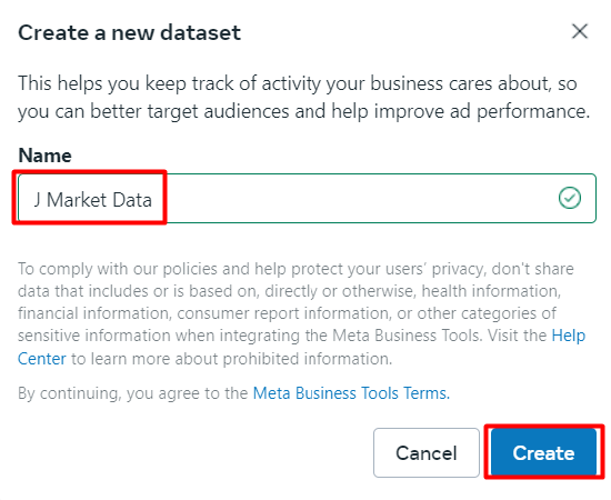 Create a data set for Facebook Pixel