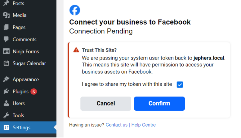 Confirm Connection of your Facebook business page to WordPress