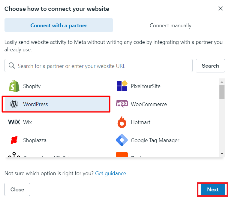 Choose WordPress as the partner for your Facebook Pixel